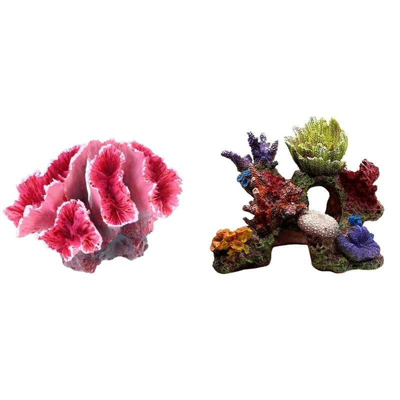 

2Pcs Resin Coral Plant Aquarium Mountain Decoration Hiding Cave Coral Reef Shell Fish Tank Ornament