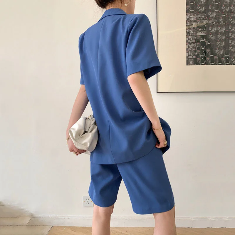 

DEAT Two Pieces Shorts Suit 2021 New Notched Short Sleeve Women Blue Pockets Double Breasted Button Fly Slim Fashion Tide 7E374