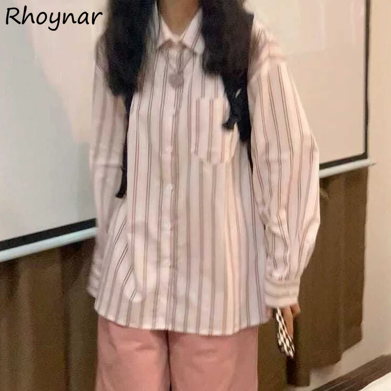 

Shirts Women Lovely Striped Ulzzang Single Breasted Trendy All-match Leisure Popular College Simple Daily Basic Teens Vintage