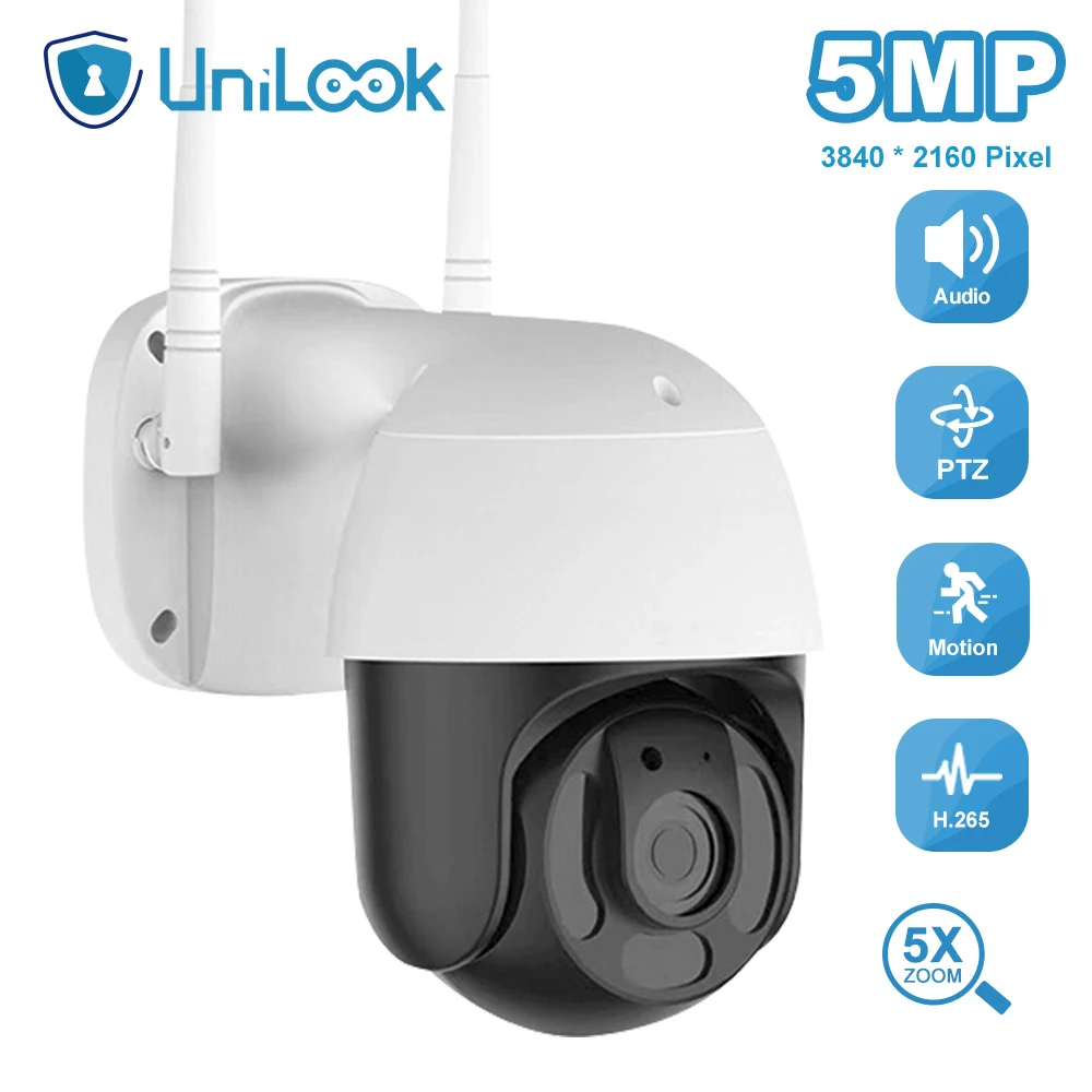 

UniLook 5MP Wifi PTZ IP камера наружная Автоматическая отслеживающая беспроводная камера наблюдения камера с 5X зумом ночного видения 50 м IP66 H.265