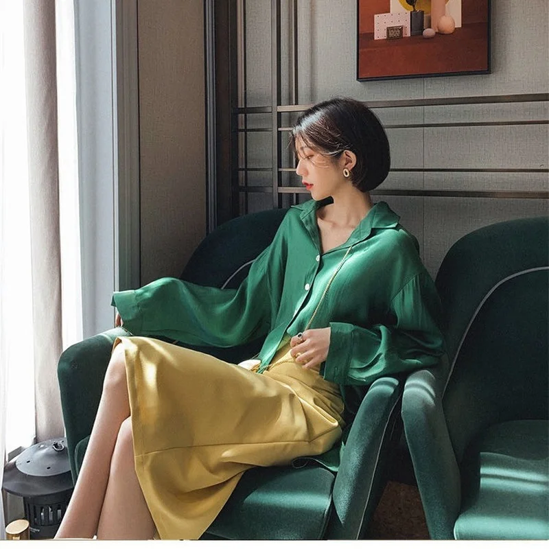 

Винтажная Однотонная футболка на пуговицах с длинным рукавом, осень 2023, элегантная свободная однобортная Женская одежда в Корейском стиле