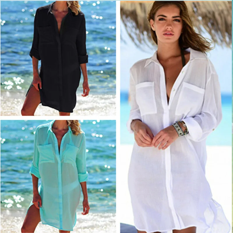 Женская пляжная одежда Белая Туника бикини кафтан купальный костюм купальник