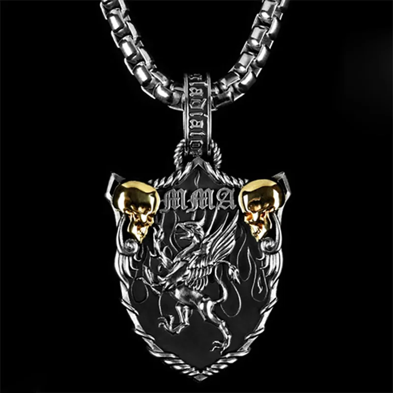 

Punkboy Men's Rock Fashion Western Fire Magic Evil Dragon Double Skull Skeleton Head Shield Pendant Necklace Fashion Jewelry