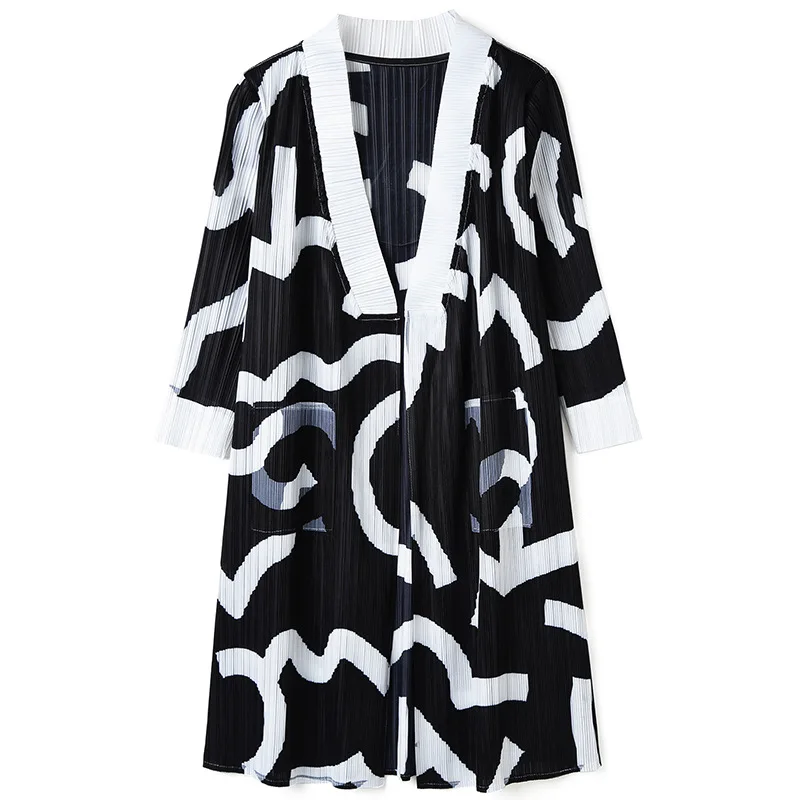 

Pleated Print Casual Jacket Autumn Contrast Loose V-neck Three Quarter Sleeve Style Cardigan