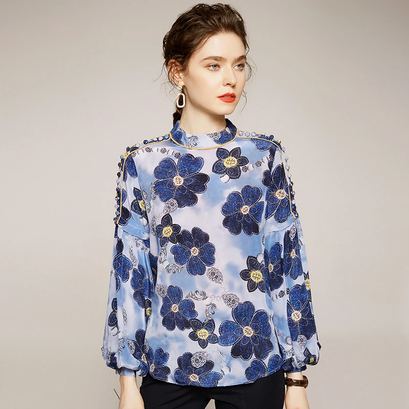 Women Floral Print Shirt Tops Elegant Stand Collar Vintage Long Lantern Sleeve Shirts Blouses Female 100% Real Silk Blouse Loose