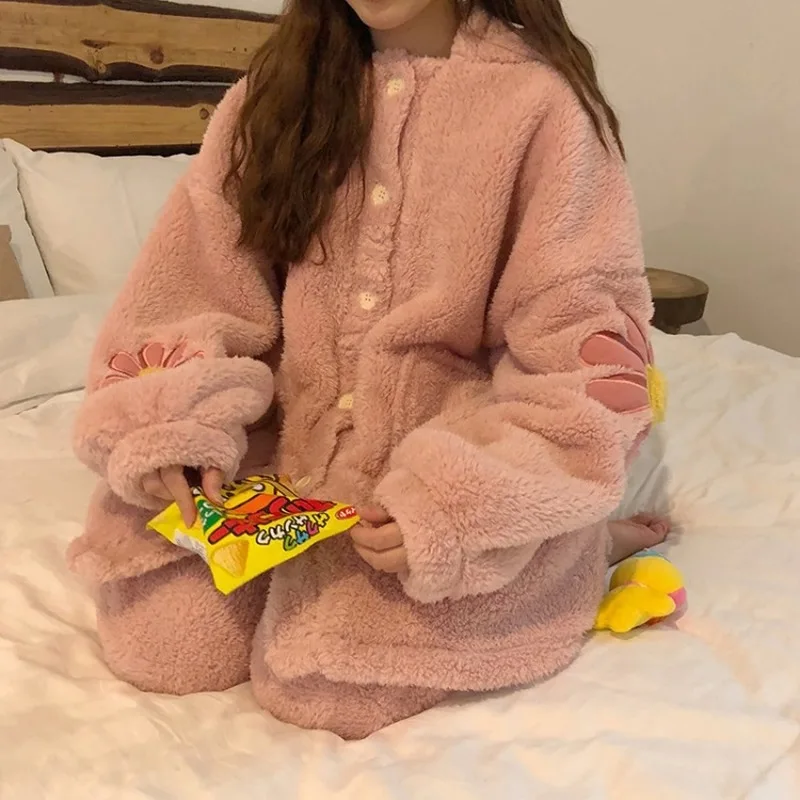 

Pajama Woman Winter Korean Ins Women's Autumn and Winter New Warm Pajamas Korean Casual Lazy Flower Home Service Two-piece Suit