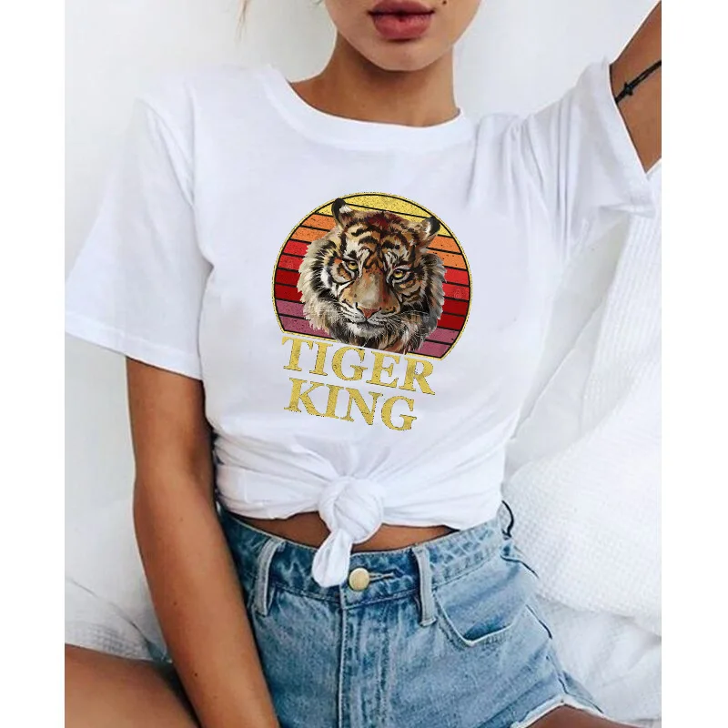

New Women's T-shirt Exotic T-shirt Short sleeved casual White Tiger King T-shirt summer Harajuku aesthetic fun design for women