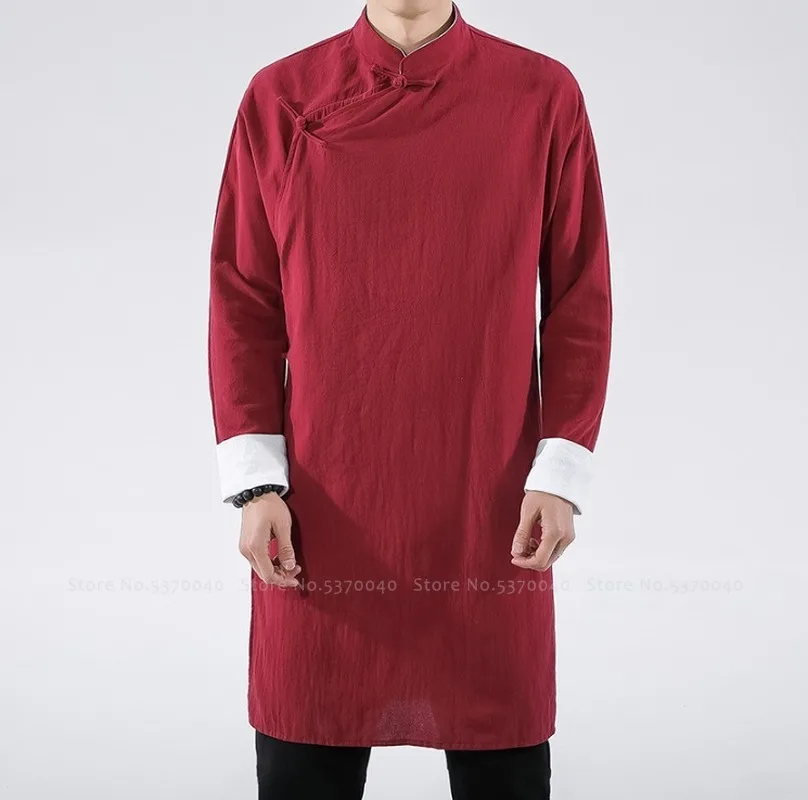 Мужские китайские традиционные хлопковые льняные рубашки Hanfu топы Ципао халат Tang