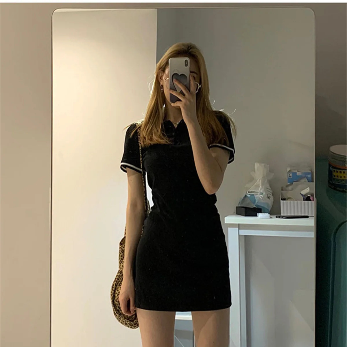 

2021 summer new French Academy mid length short sleeve polo dress women's short skirt fashion