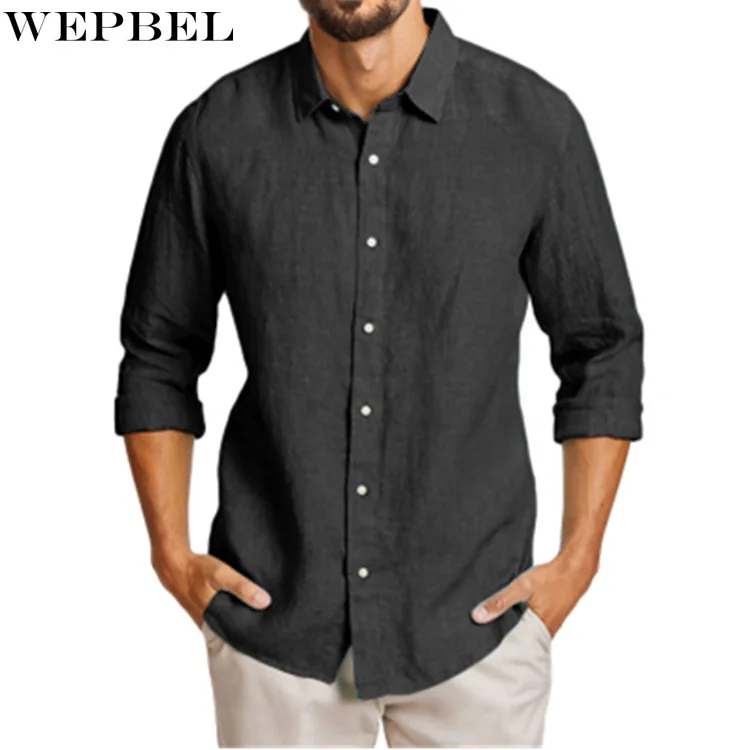 

WEPBEL Shirt Summer Fashion Solid Color Slim Single-Breasted Shirt Men's Casual Long Sleeve Turn-down Collar Cardigan Shirt