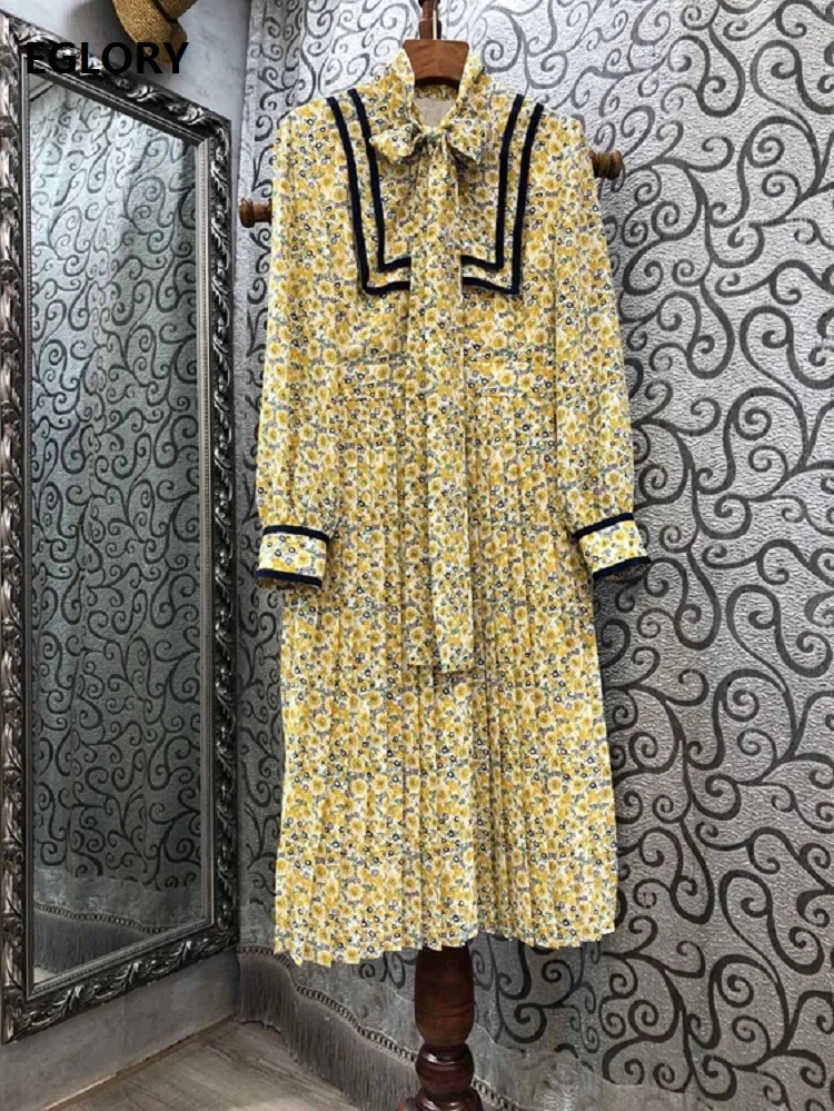 

New 2021 Spring Hot Sale Dress High Quality Women Turn-down Collar Sweet Little Floral Print Bow Deco Long Sleeve Pleated Dress