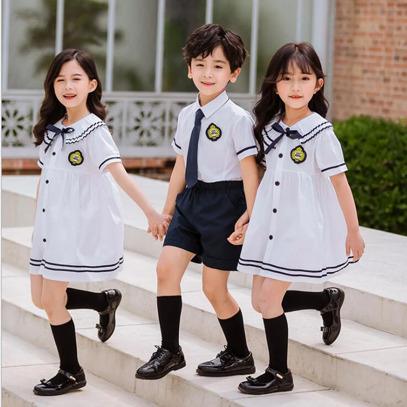 

Child Korean Japanese School Uniforms for Girls Boys White Dress Lapel Shirt Top Navy Shorts Clothes Tie Set Student costumes