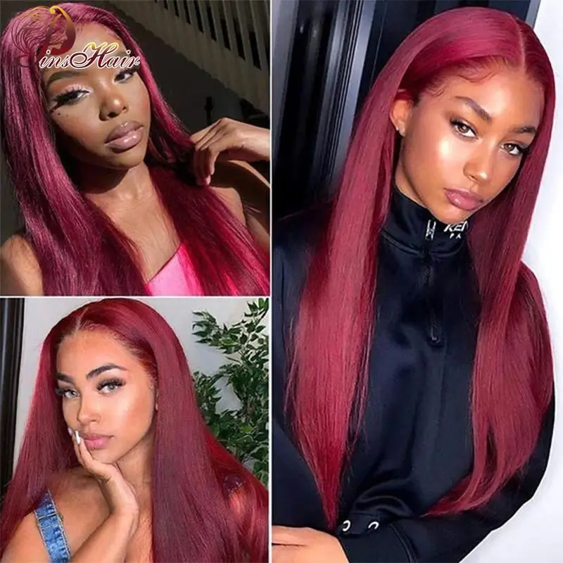 99J Red Lace Front Human Hair Wigs Brazilian Bone Straight Lace Frontal Wig Pre Plucked For Women Remy Human Hair 180% Density