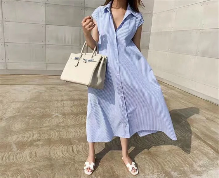 

2021 New Women Summer Shirt Dress Solid Multi Colors Casual Sleeveless Striped Oversize Lace Up Long Dress