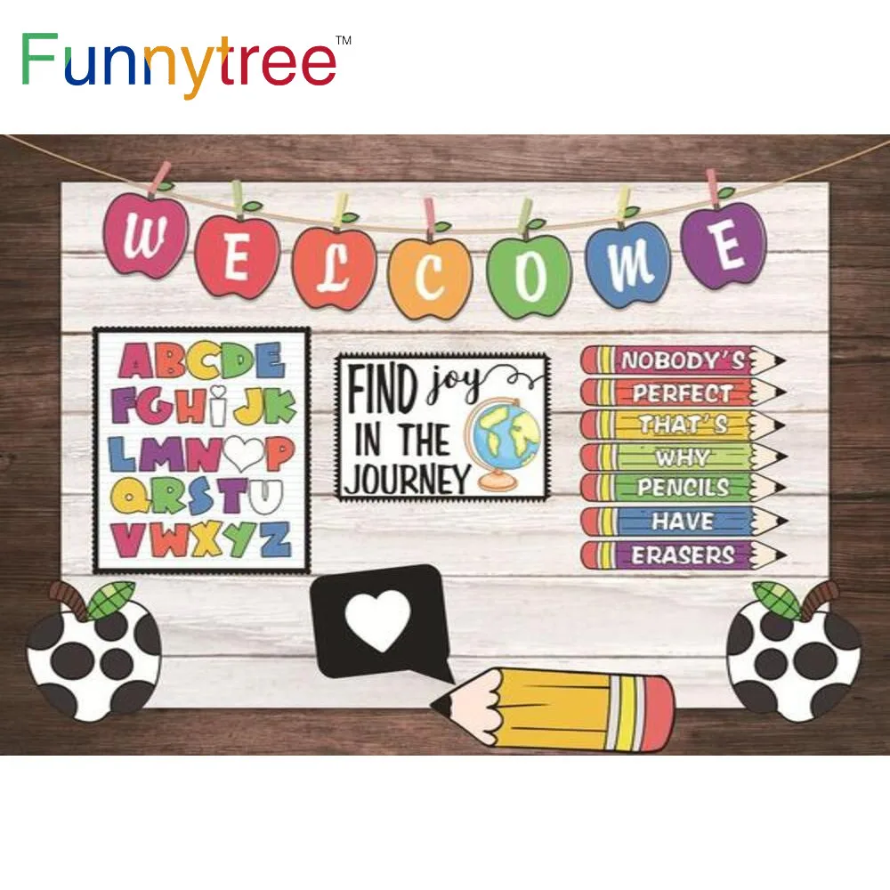 

Funnytree Welcome First Day of School Kindergarten Kids Colourful Pencils Background Wood Class Alphabet Banner Globe Backdrop