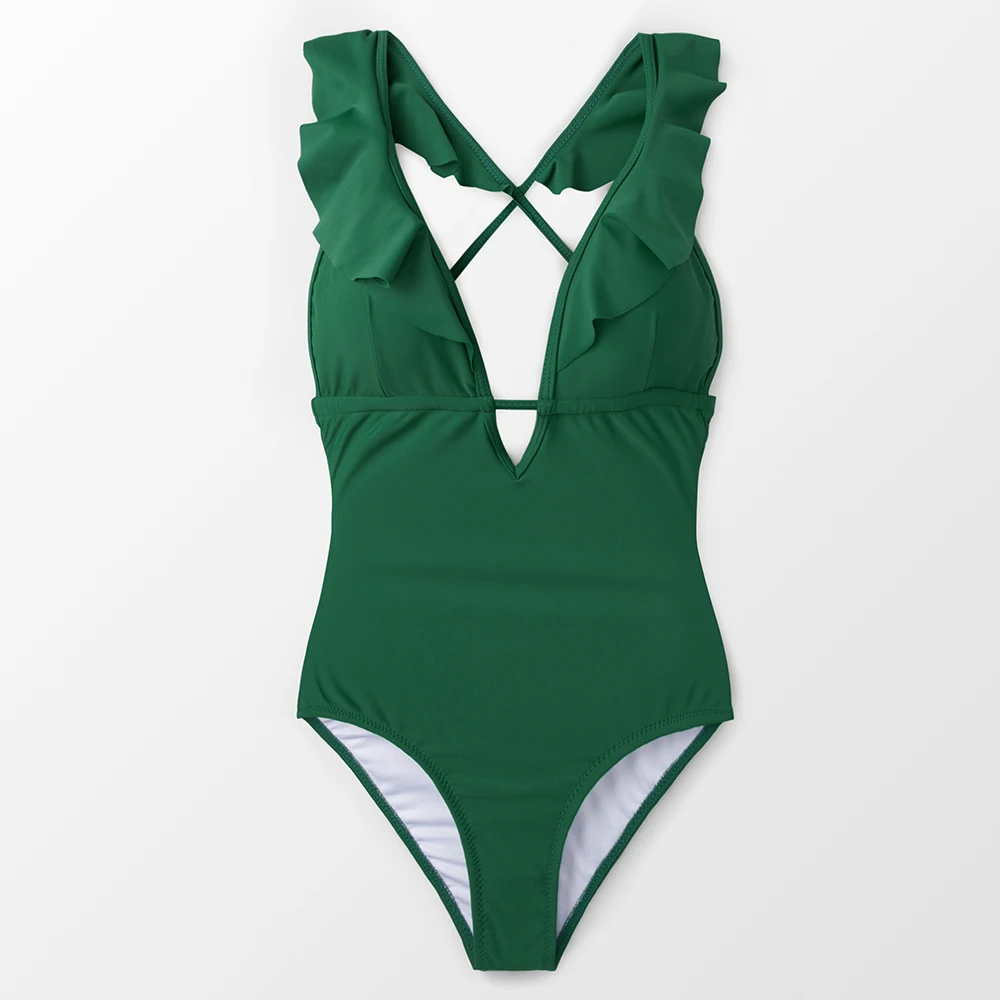 Купальник женский слитный с V образным вырезом пикантный в стиле ретро оборками