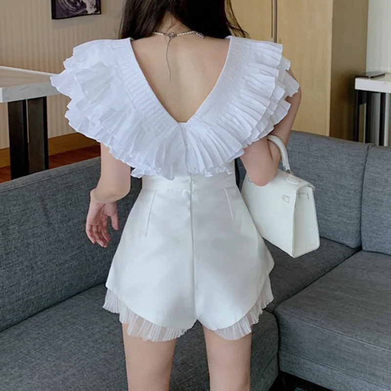 

Korean Fashion Two Piece Set For Women White V-neck Pleated Ruffles Blouse Tops And High Waist Short Pants Female Casual Suits