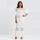 Sisjuly Длинное Платье Элегантные Женщины Белое Кружево Слэш Шеи Русалка Платья Сексуальные Полые Кружева Вверх Bodycon Партия Макси Платья Vestidos