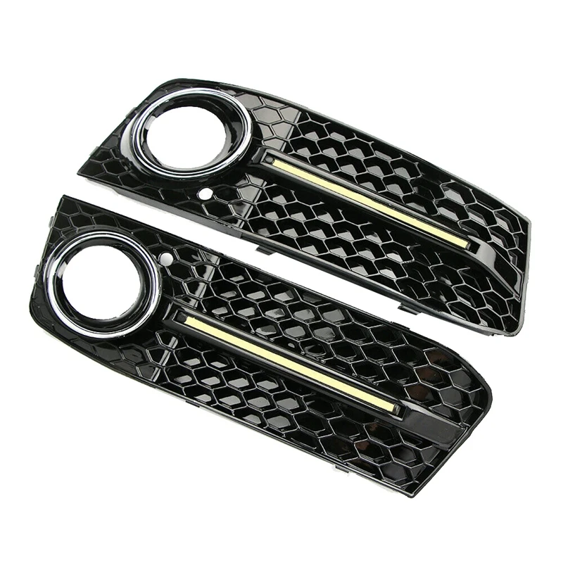 

Pair Front Bumper Fog Light Lamp Cover Grilles Grill with LED DRL Daytime Running Lights for - A4 B8 2009-2012