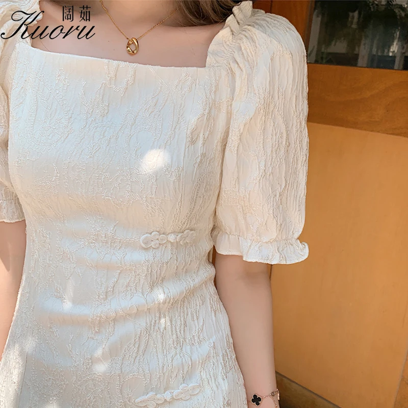 

Women Dresses Summer 2021 Vintage Mini Dress Black Short Sleeve Split Fork Skirt Embroidery Robe Femme Square Collar Vestidos