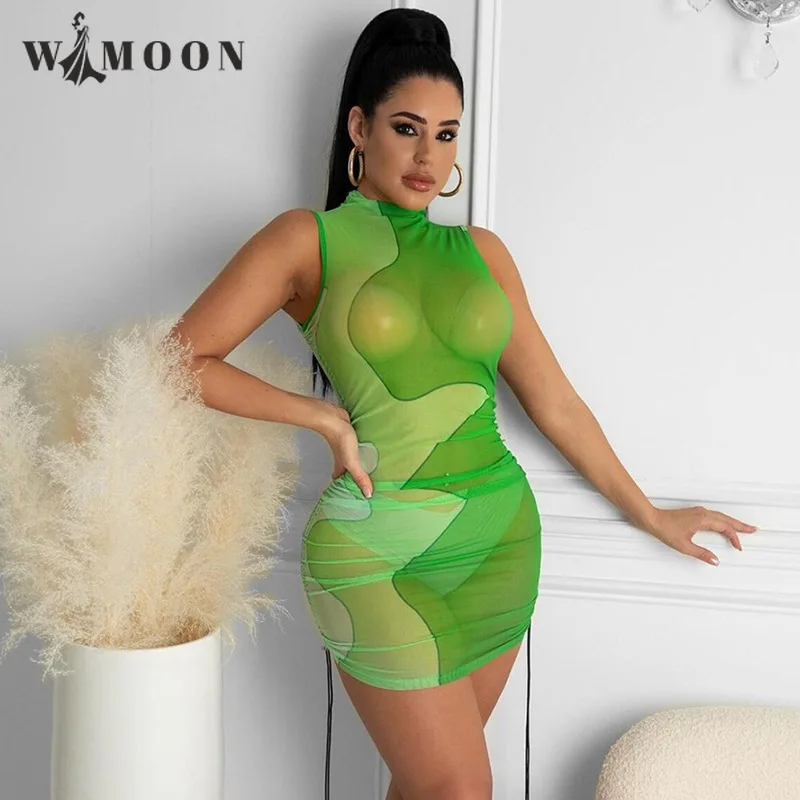 

2021 Spring New Sleeveless Sexy See Through Dress Printing Slim Dress Above Knee Mini Tank Turtleneck Pencil Dress for Women
