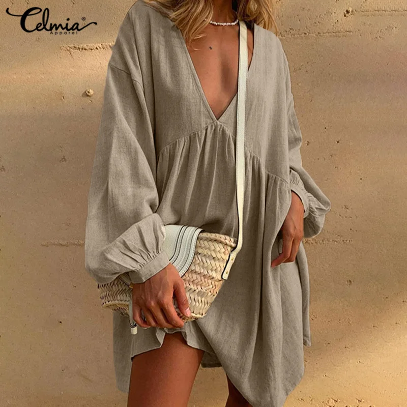 

2022 Women Cotton Short Dress Celmia Sexy Long Puff Sleeve Deep V Neck Mini Vestidos Casual Pleated Baggy Dress Solid Party Robe