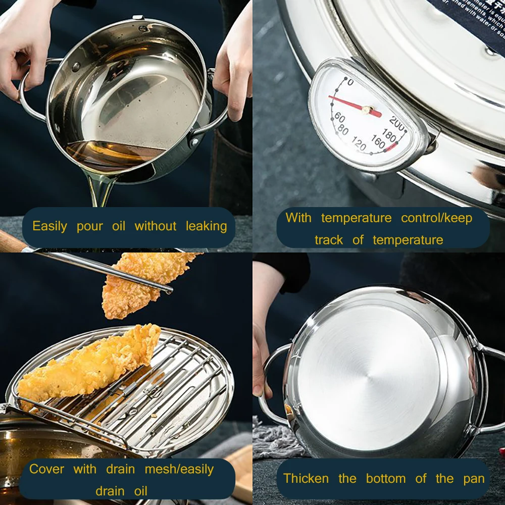 Japanese Deep Frying Pot with a Thermometer and Lid 304 Stainless Steel Kitchen Tempura Fryer Pan Cooking Tools | Дом и сад