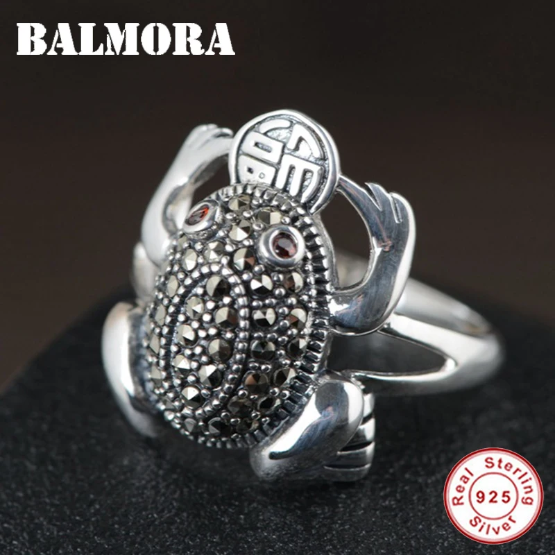 

BALMORA 100% 925 Pure Silver Frog Rings For Women Lady Girl Red Eye Animal Lucky Ring Open Adjustable Ring Jewelry Gift Anillos