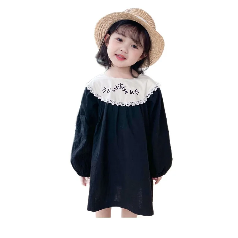 

2021 Girls Spring Embroidered Lapel Long Sleeve Dress
