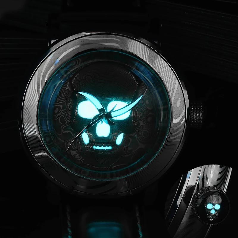 

San Martin Diver Watch Limited Skull Damascus Steel Luxury SW200 Automatic Mechanical Watch See-through Case Luminous Dial