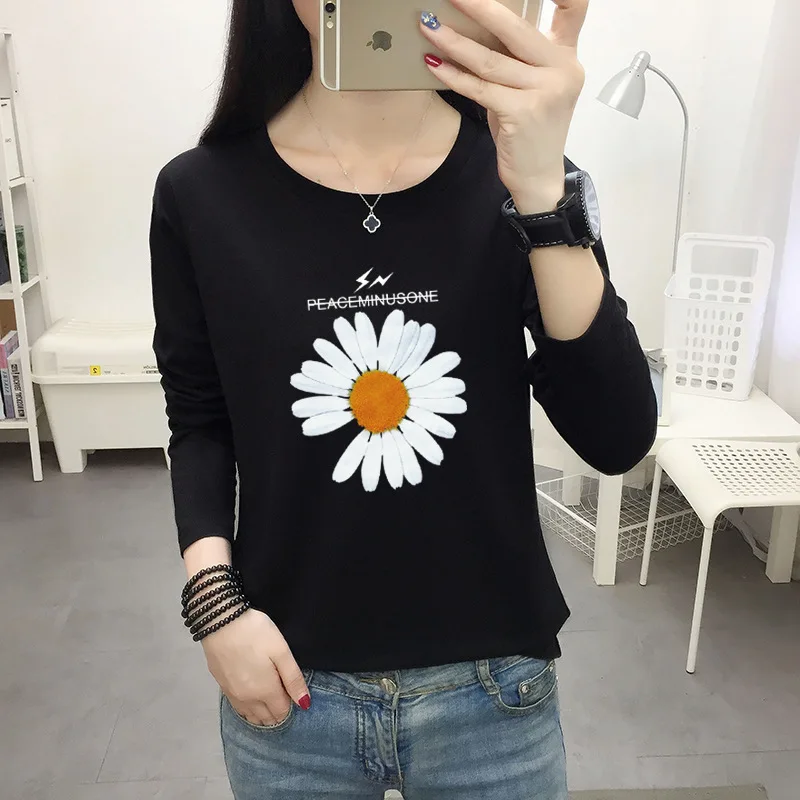 

Women's 2021 Long-Sleeved T-Shirt Spring and Autumn New White Daisy Printed Pullover Loose Fashion Top