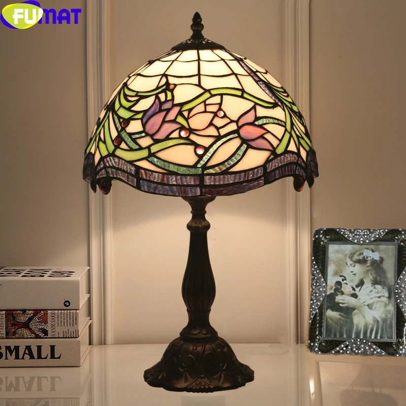 

FUMAT Tiffany Style Pink Purple Lotus Flower Desk Lamp Shade Dragonfly Stained Glass Green Leaf Table Art Decor Light Dimming