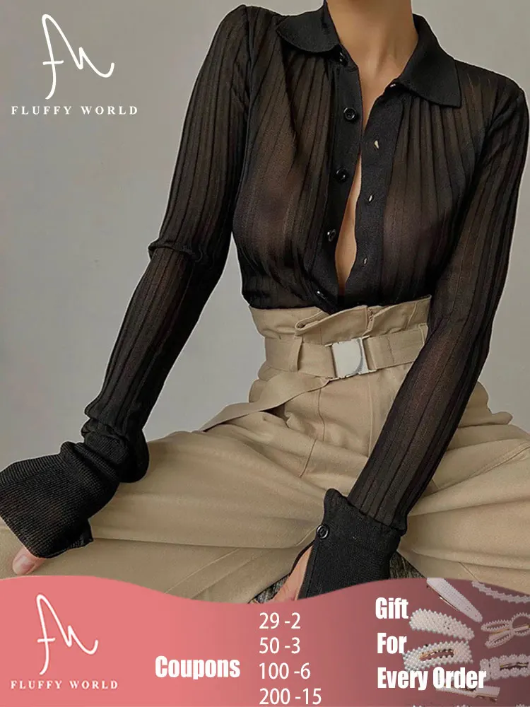 

Женская винтажная блузка с отложным воротником, элегантная прозрачная блузка с длинным рукавом, Повседневная офисная Однотонная рубашка в ...