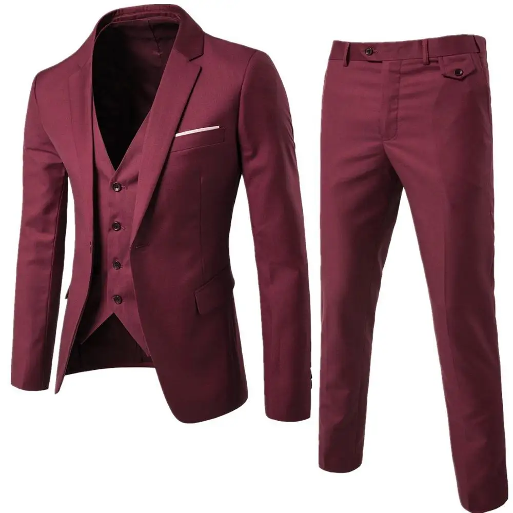 

Burgundy Men's Suit Groom Wear Tuxedos 3 Piece Wedding Suits Groomsmen Best Man Formal Business Suit For Men (Jacket+Pant +vest)