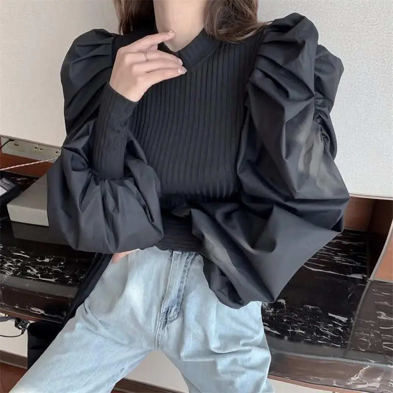 Лоскутные вязанные черные женские свитера с рюшами круглым вырезом и пышными