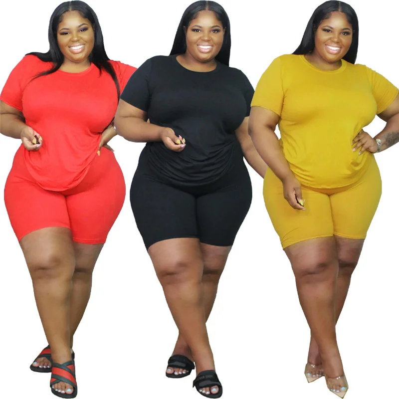 Plus Size Women Clothing Wholesale Joggers Tracksuit Summer Two Piece Set Solid Tops and Biker Shorts Sets Dropshipping Outfits