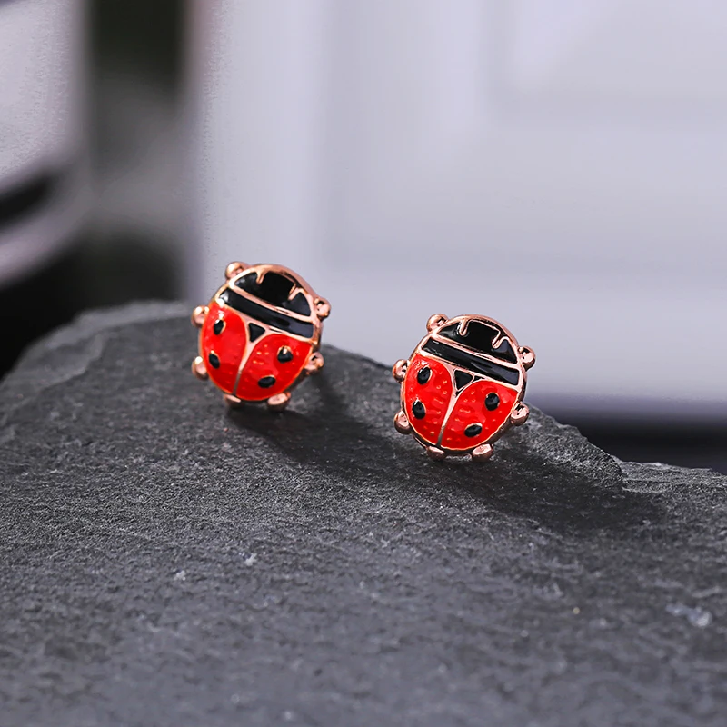 Красные эмалированные серьги гвоздики с насекомыми Божья коровка Мини детский