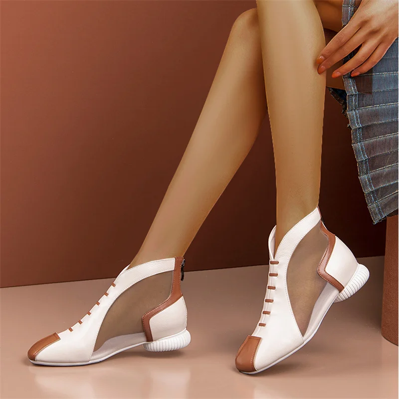 

Mesh Boots Women'S Ankle Back Zipper Square Heels Mixed Colors Breathable Soft Female Booties Square Toe Retro Flat Female Shoes