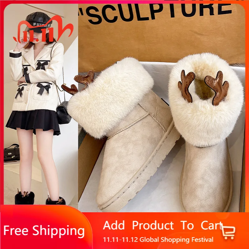 

Winter thickened warm snow women's boots 2021 new Korean elk horn student turned wool mouth thick soled cotton boots