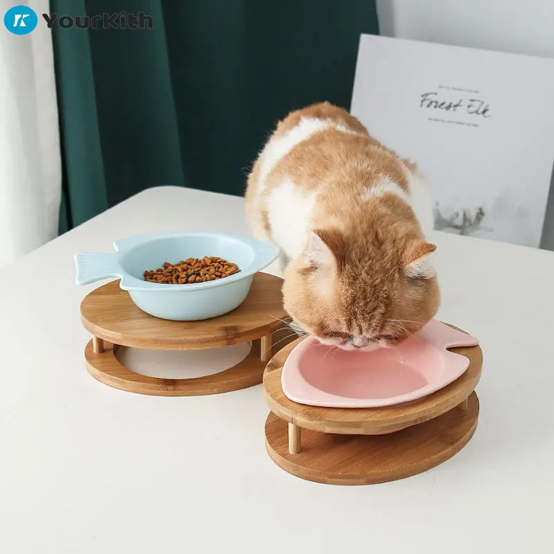 

YourKith Cat Bowls Miski Dla Kota Ceramic Cat Double Bowl Fish Shape Protect Cervical Spine Pet Bowl