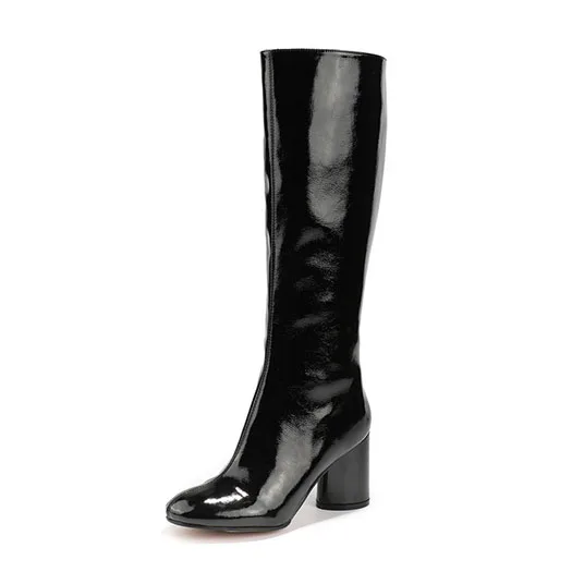 Black patent leather Сапоги на молнии сбоку; женские сапоги из натуральной лакированной кожи; Сезон Зима; коллекция года; ковбойские сапоги на высоком массивном каблуке; Цвет Черный; сапоги до колена с круглым носком; качественная обувь - Цвет: Black patent leather