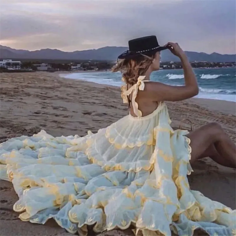 

Summer Women's Ruffle Maxi Dress 2021 Retro Ruffles Sleeveless Solid Cake Pleated Dress Pendulum Vacation Loose Strapless Dress