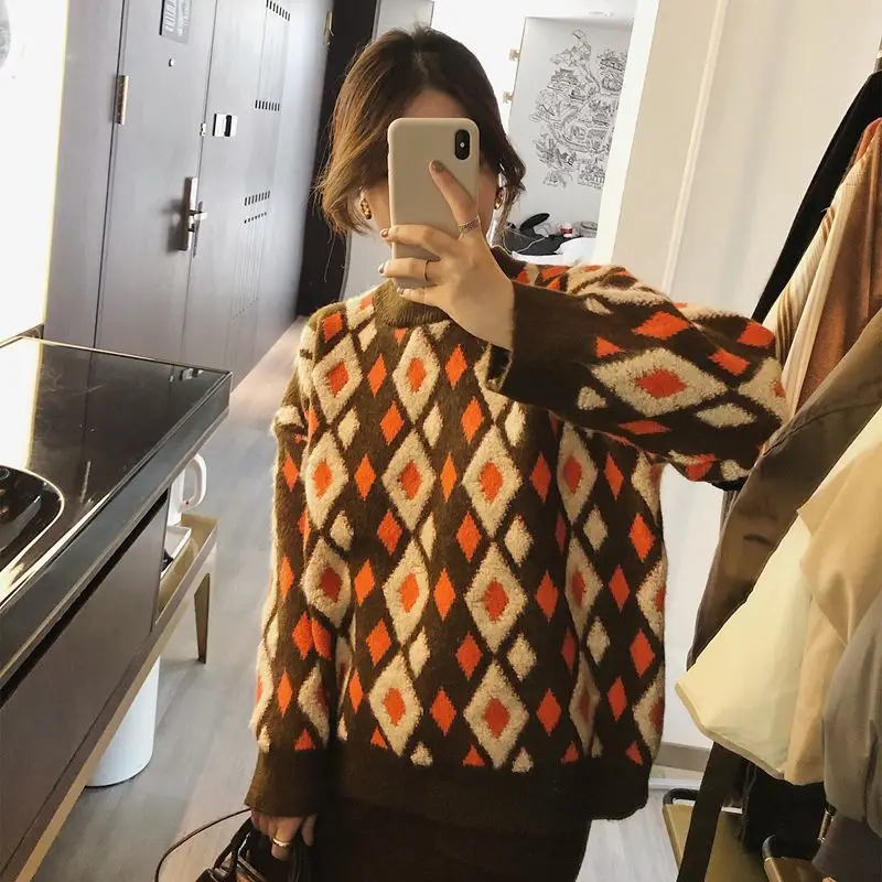 

Ringer bump sweater girl 2021 autumn/winter new Port style retro loose lazy head knitted top