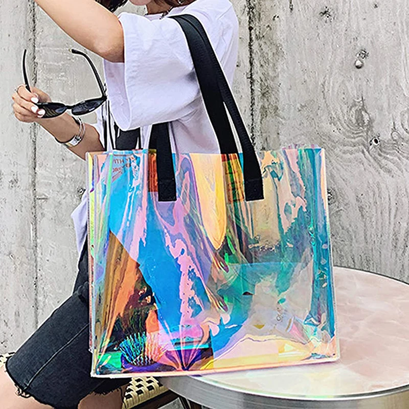 Free shipping 500Pcs/Lot Fashion Iridescent Tote Bag Clear Holographic Handbag for Work Beauty Large Size and Sturdy Handle