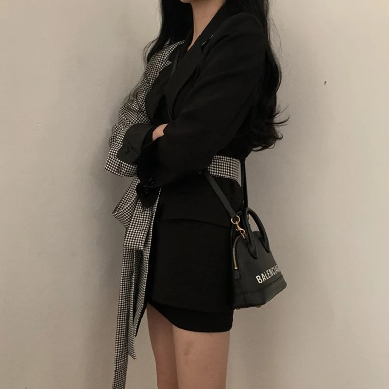 Женские блейзеры корейский Ретро Модный костюм клетчатые Женский с поясом на
