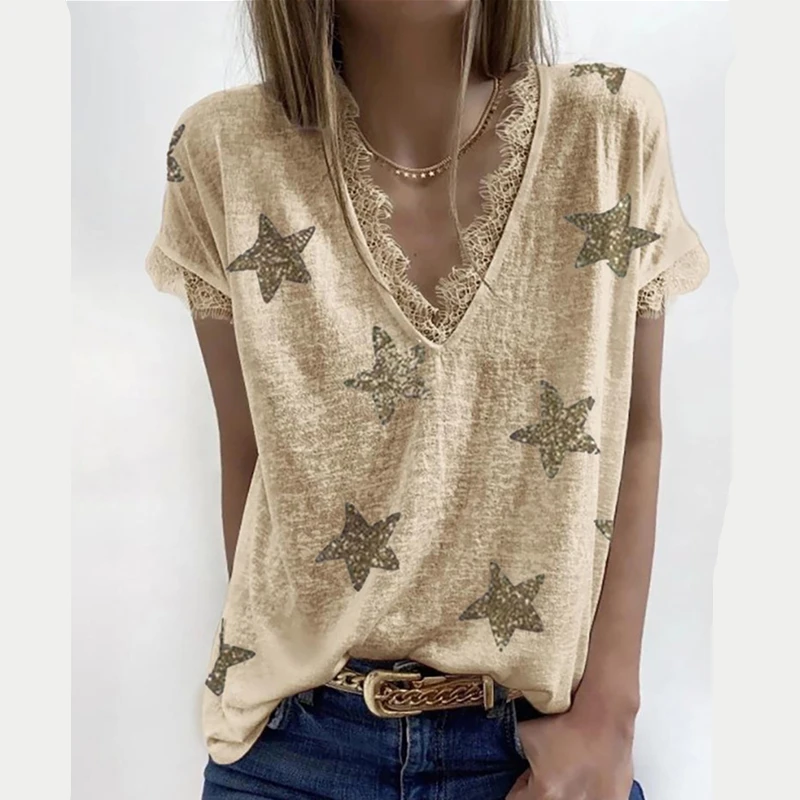 

2021 Summer Fashion New European And American V-Neck Print Lace Short Sleeve Loose T-Shirt Women Tops Trendy 005