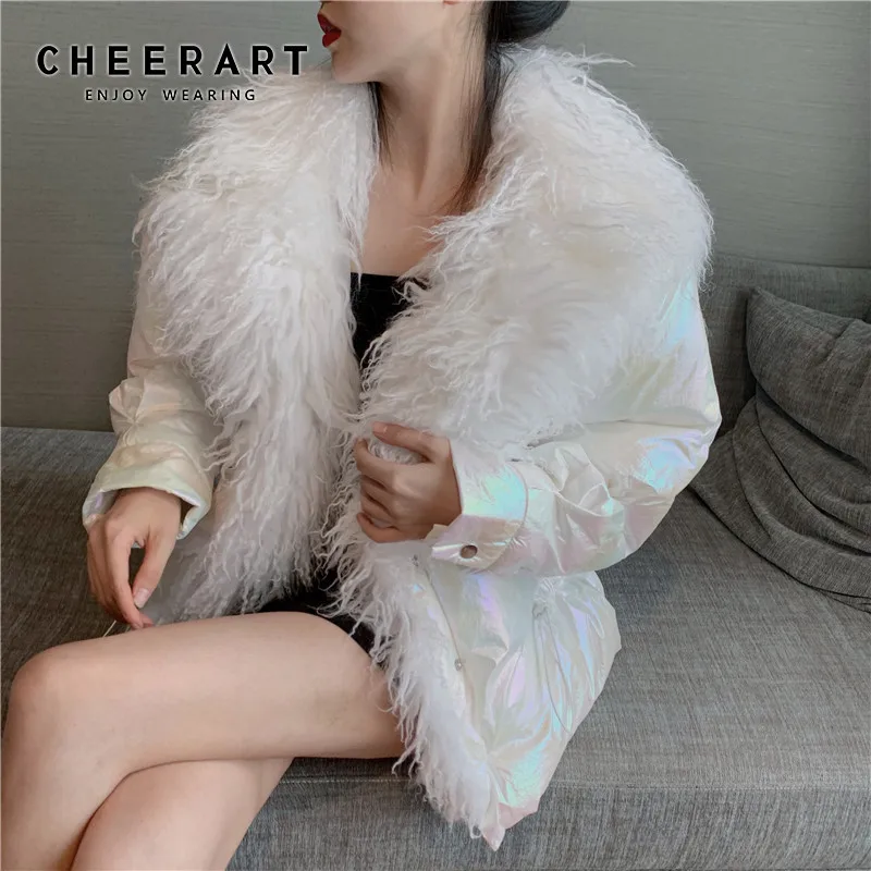 Женская куртка с меховым воротником CHEERART зимняя стеганая серебристыми перьями| |