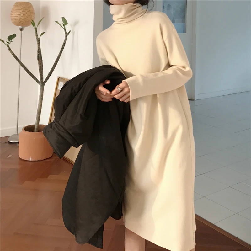 

gkfnmt Winter Turtleneck Sweater Dress Women Knitted Long Dress Female Knitwear Long Sleeve Soft Vestidos 2020 Pullovers Sweater