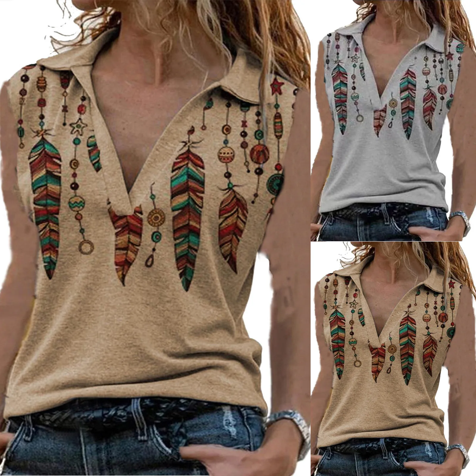 

Women's top printed sleeveless V-neck Lapel casual loose 2021 summer new T-shirt roupas femininas com frete gratis