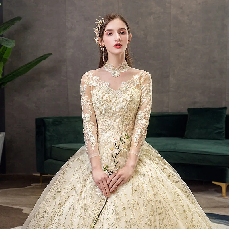 

2021 Elegant Champagne Wedding Dress Vestido De Noiva Luxury High Neck Sequins Lace Wedding Ball Gown Plus Size Bride Dresses